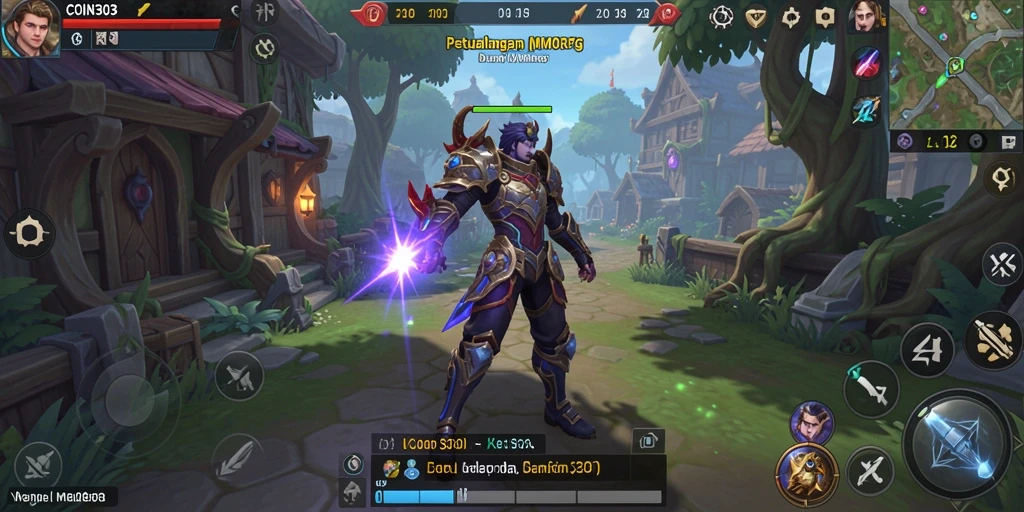 Screenshot gameplay COIN303 menunjukkan pertempuran yang epik di dunia MMORPG.