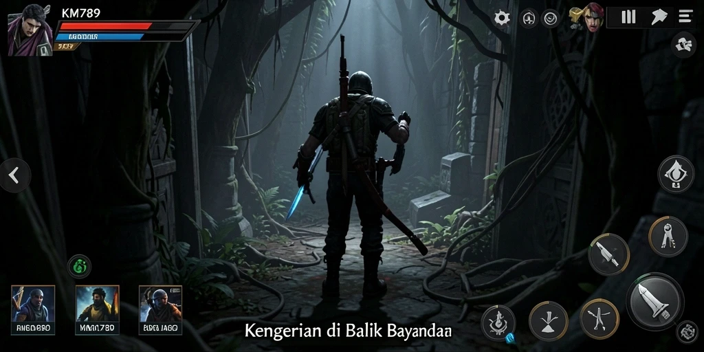 Screenshot utama KM789 menunjukkan gameplay mencekam dengan suasana gelap.