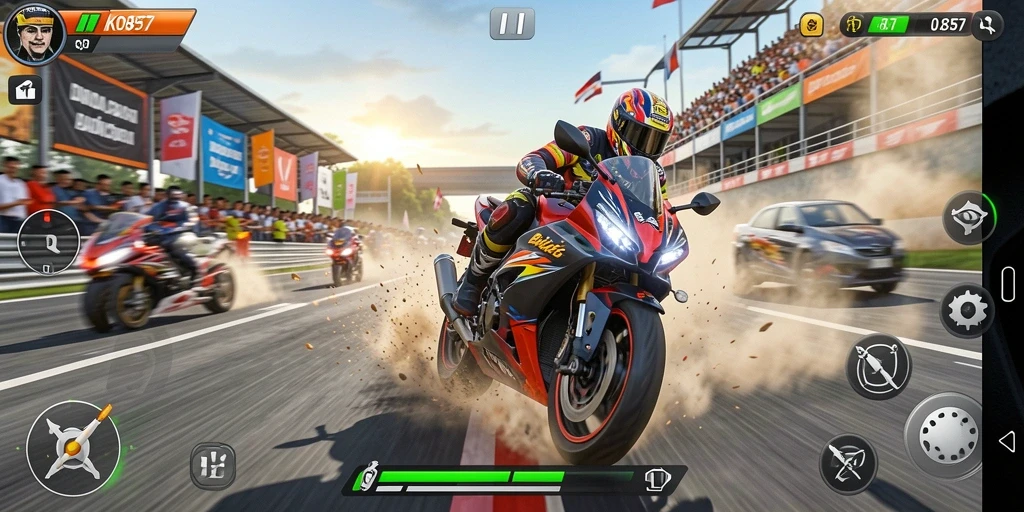 Screenshot gameplay balapan motor yang intens dan mendebarkan.