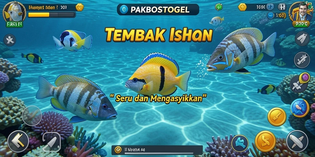 Gameplay seru PAKBOSTOGEL dengan berbagai ikan dan senjata.