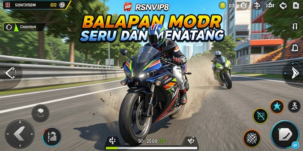 Tampilan utama gameplay RSNVIP8 yang menampilkan balapan motor yang mendebarkan.